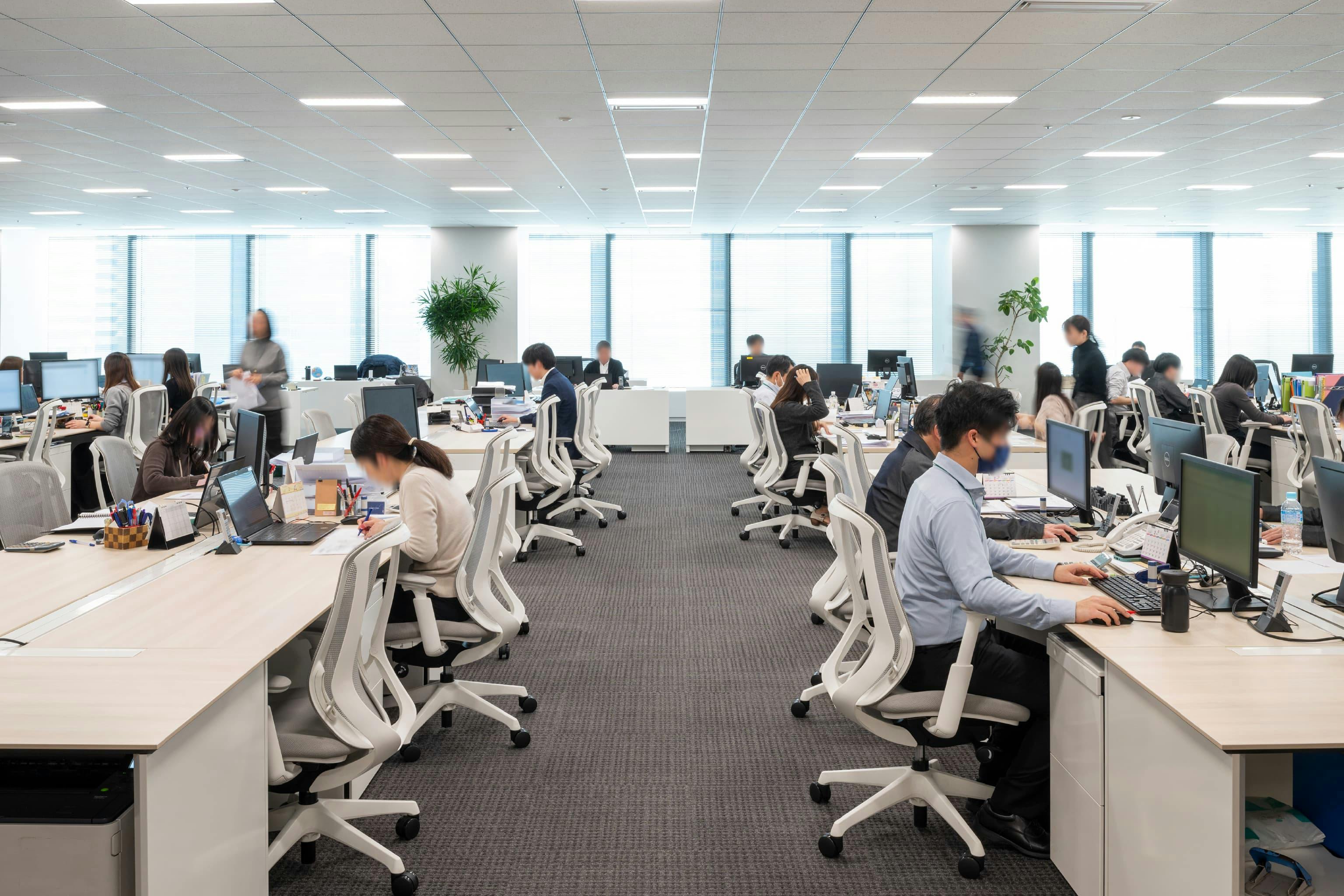ハニューフーズ株式会社 様の事例写真／[執務エリア]固定席の執務エリアは、通路を広く確保。個人が作業に集中しやすく、適度な距離感が自然なコミュニケーションを生みます。窓側には部長席を配置し、チームの動きを見渡せるレイアウトに。円滑な業務の進行を支えます。