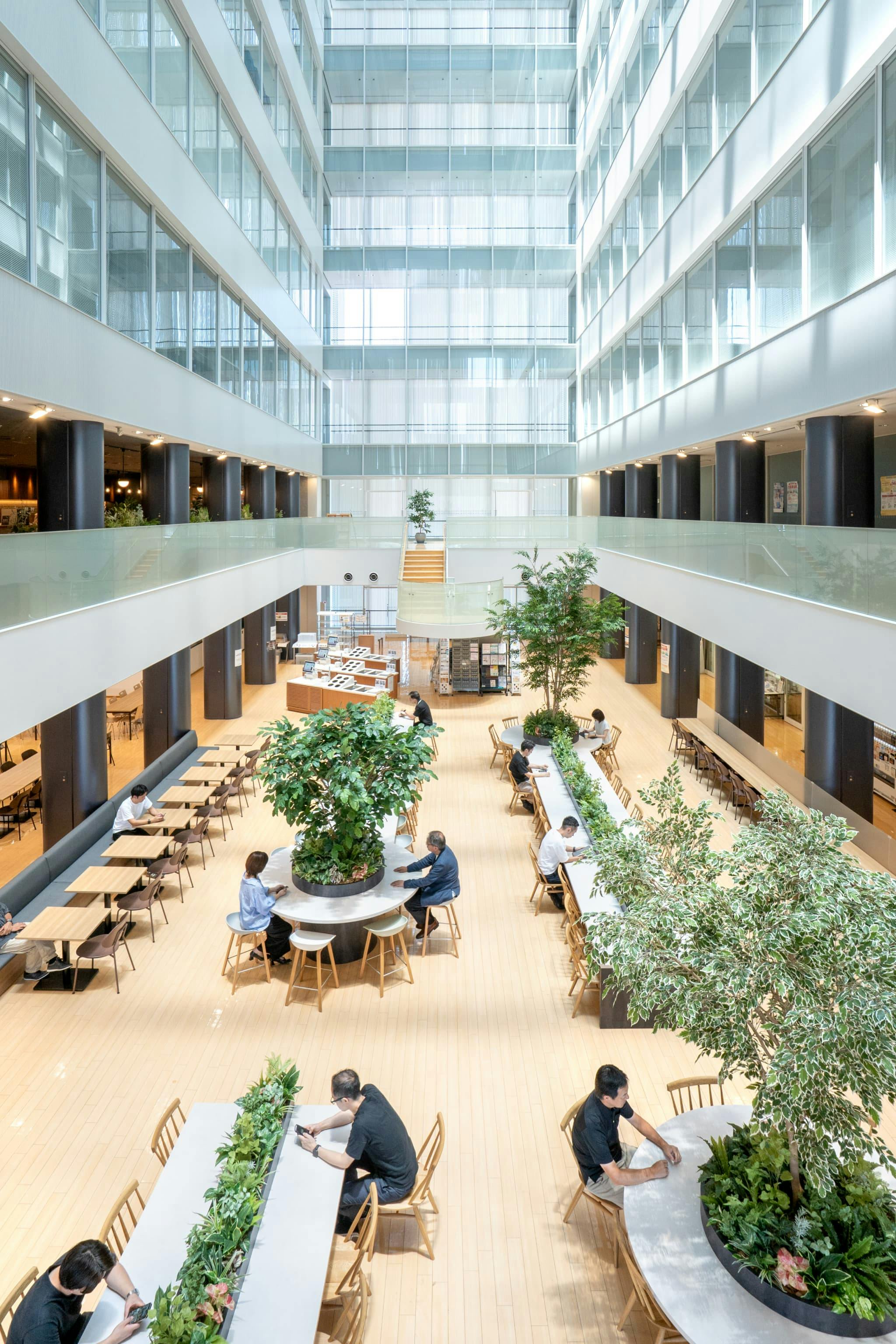 株式会社村田製作所 様の事例写真／[5階食堂（アトリウム）]柔らかな曲線を描くテーブル席に背の高い植栽を配置。自然光に加えて6階部分に追加したスポット照明が植栽を照らし、木漏れ日を感じられます。