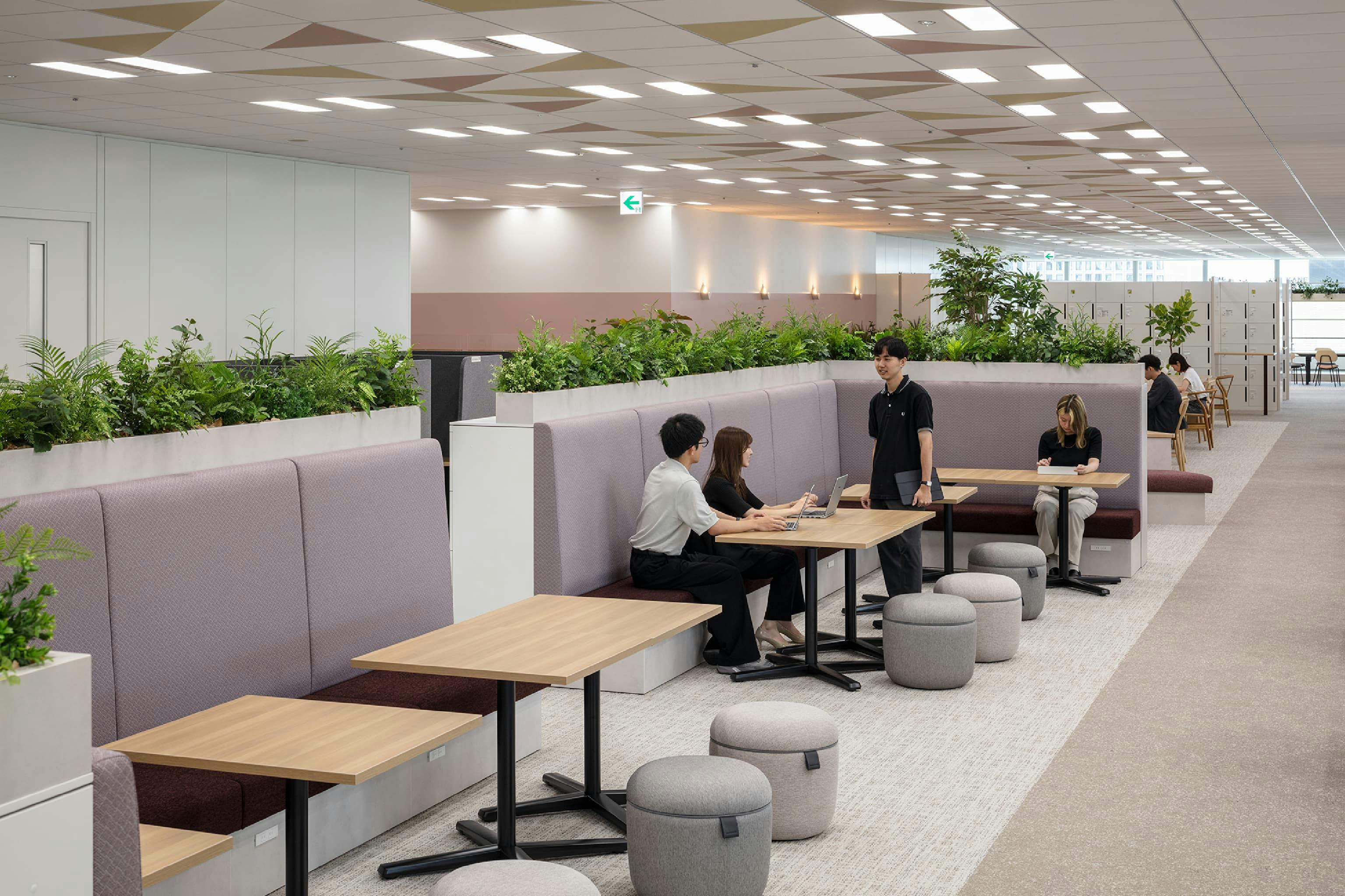 東映株式会社 様の事例写真／[10階コミュニケーションエリア]腰掛けやすい什器が配置され、通りがかった社員が「何の話？」と自然に加わる場面も見られます。豊かな植栽は、移転前のワークショップで上がった社員の声を反映。心地よい空間が、活発な交流を後押ししています。