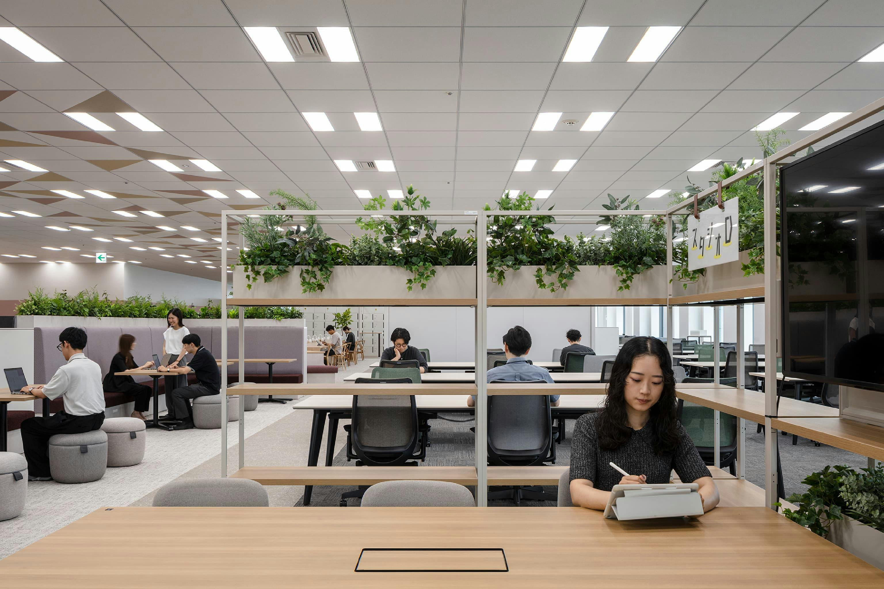 東映株式会社 様の事例写真／[10階 スタジオD]スタジオDはグリーンをあしらったシェルフで空間をさりげなく仕切り、圧迫感のない機能的な場を実現。シェルフに囲まれた安心感ある雰囲気の中で、落ち着いて話し合いができそうです。