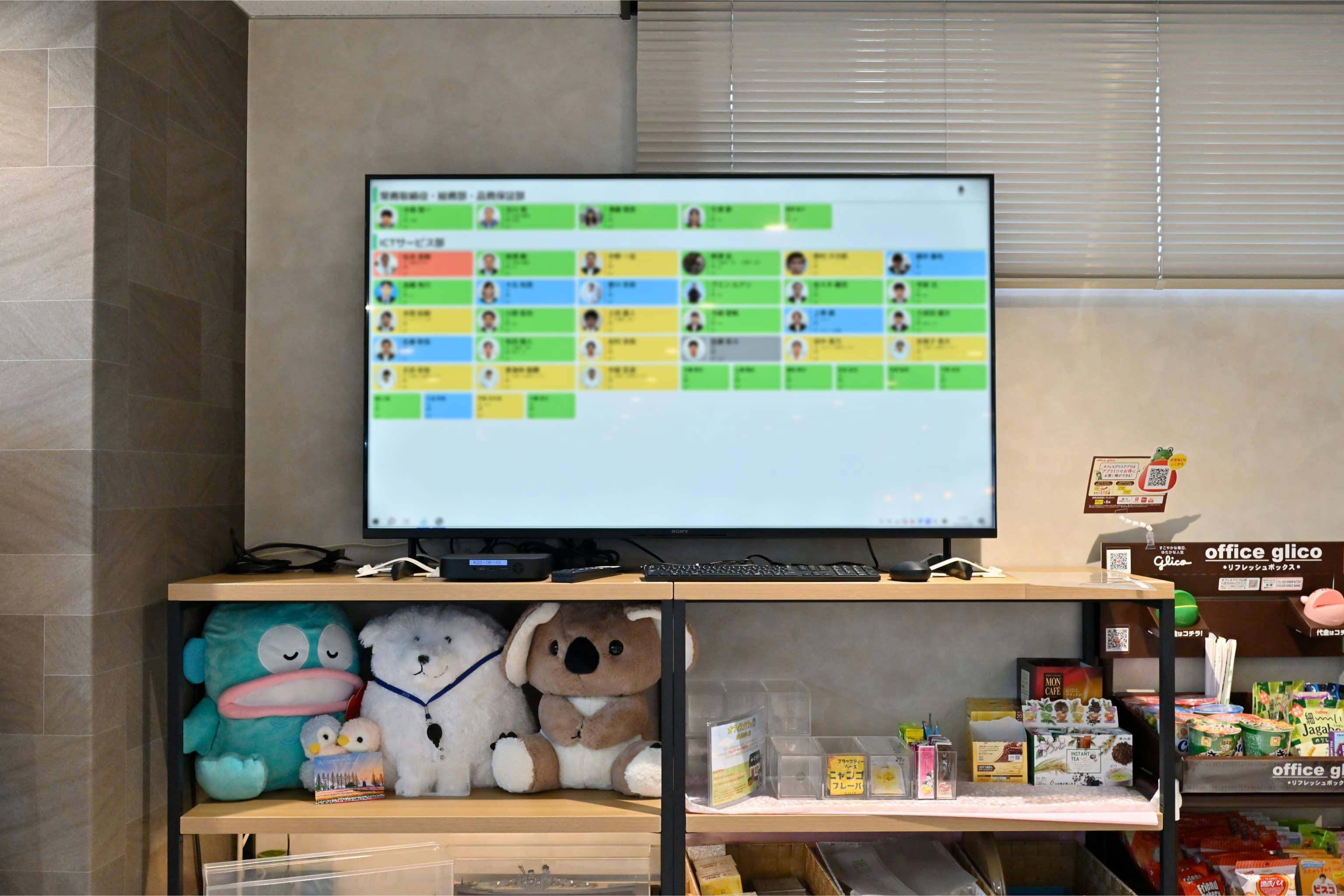 株式会社エスケイケイ 様の事例写真／[執務エリア]ハイブリッドワークを採用しているため、出社・在宅・お休みなど、各社員の勤務状況をモニターで確認できます。誰かに声をかけたいときも、まずここを見れば相手の状況がひと目でわかり、やり取りがスムーズに。